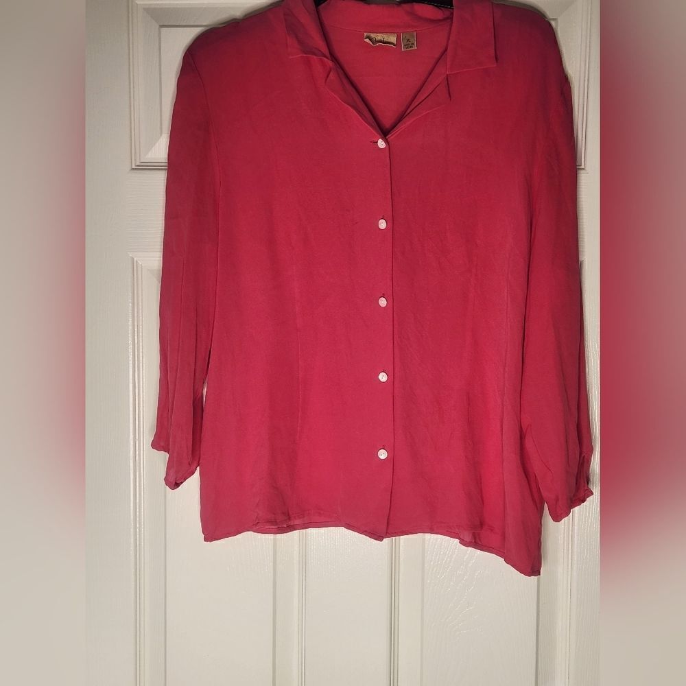 Caslon XL Fiery Rose Pink 100% SILK 3/4 Sleeve Buttons Up Women’s Shirt Blouse